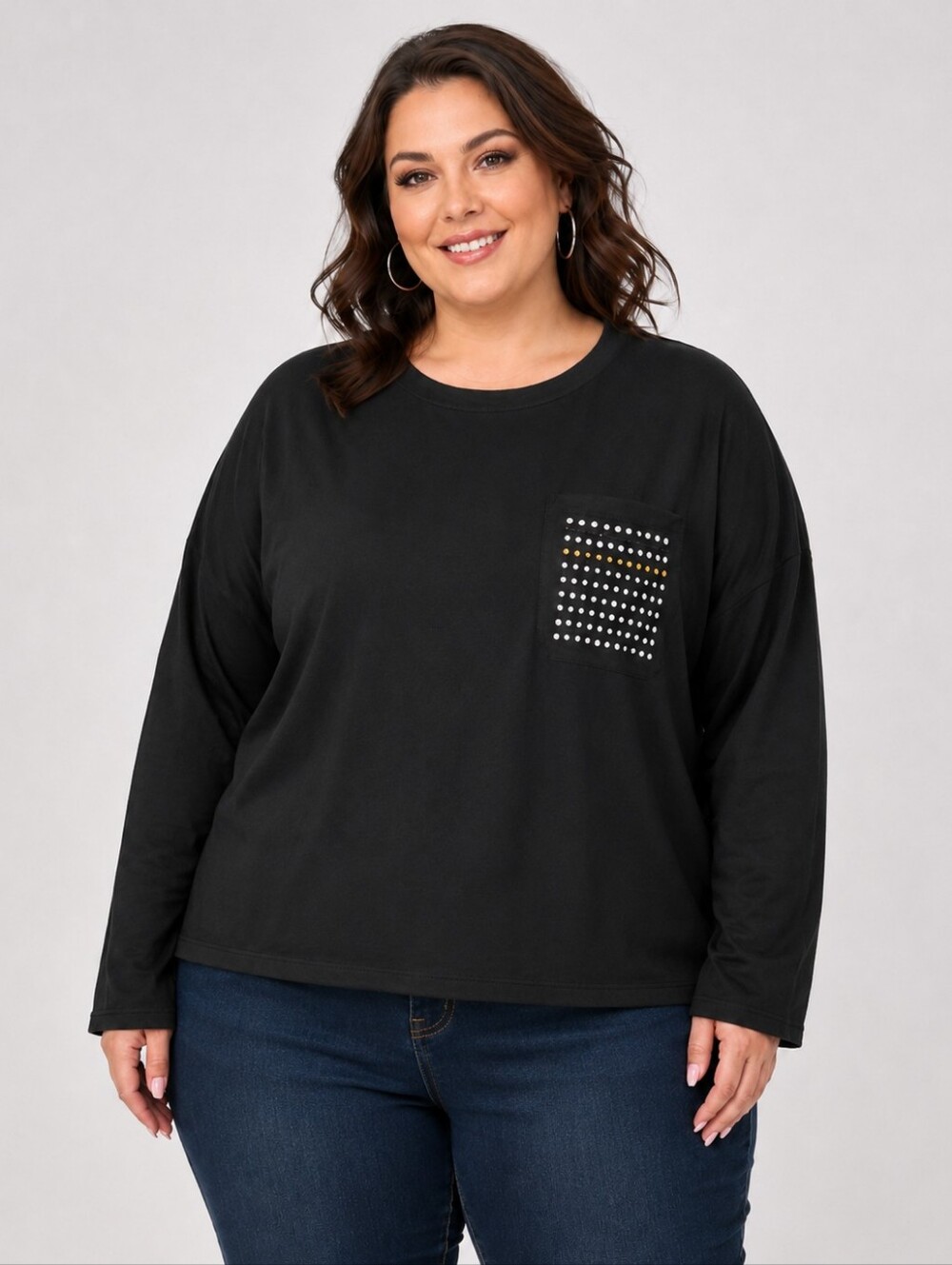 ❤️2/$18 DG2 Black Longsleeve Shirt Rhinestone Embellished Front Pocket Bling 3X